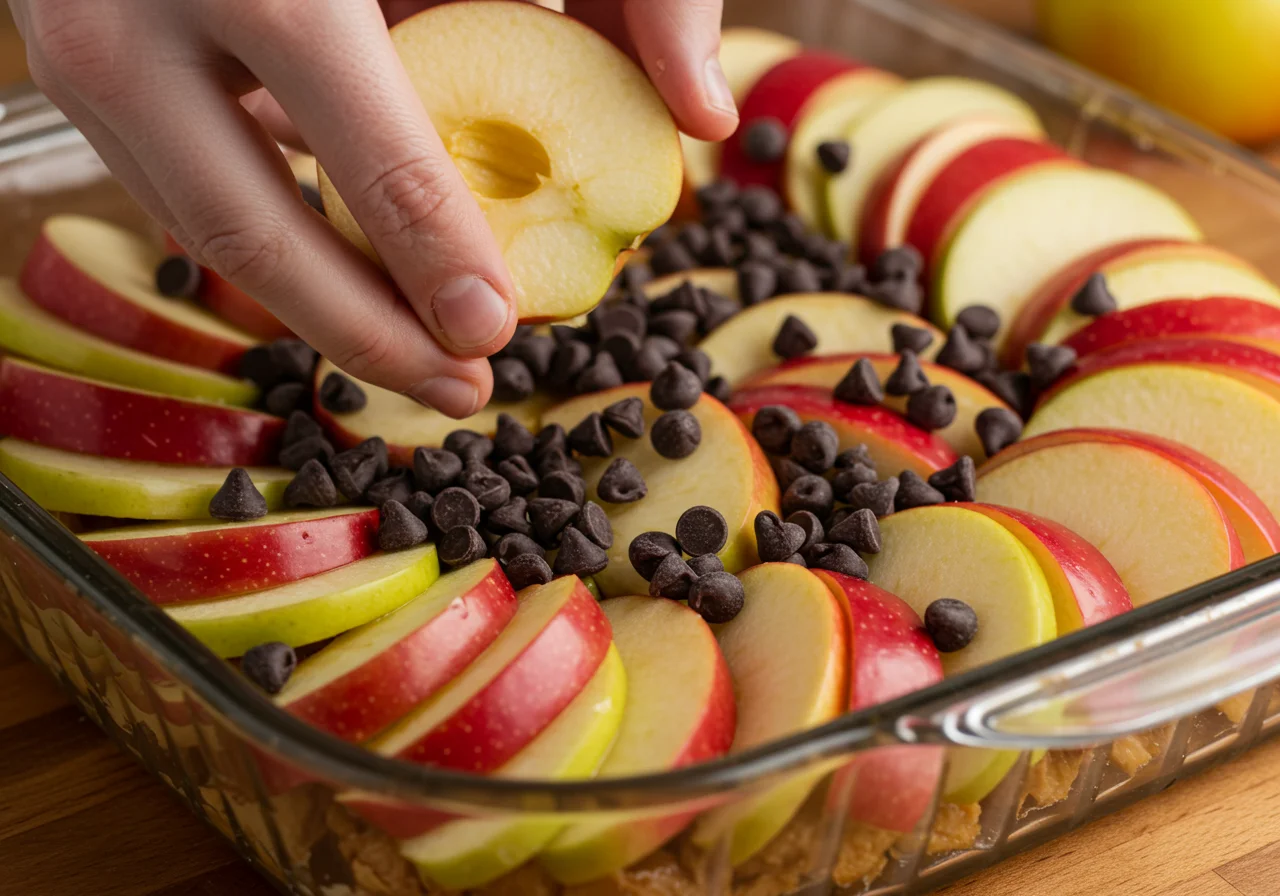 Disposer des tranches de pommes et des pépites de chocolat dans un plat pour le crumble aux pommes et au chocolat.