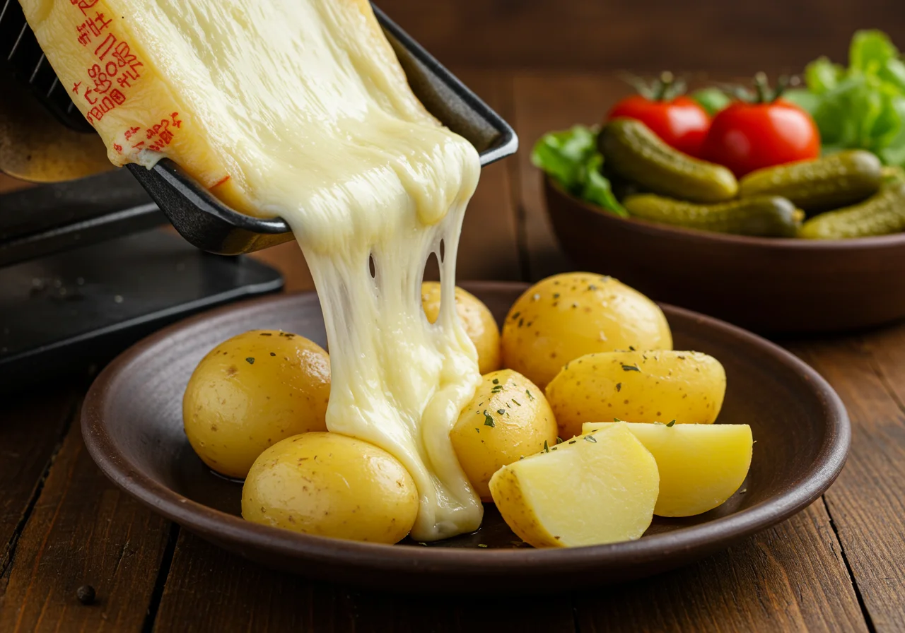Fromage raclette fondu étant raclé sur des pommes de terre bouillies, servi avec des légumes et des cornichons en arrière-plan.