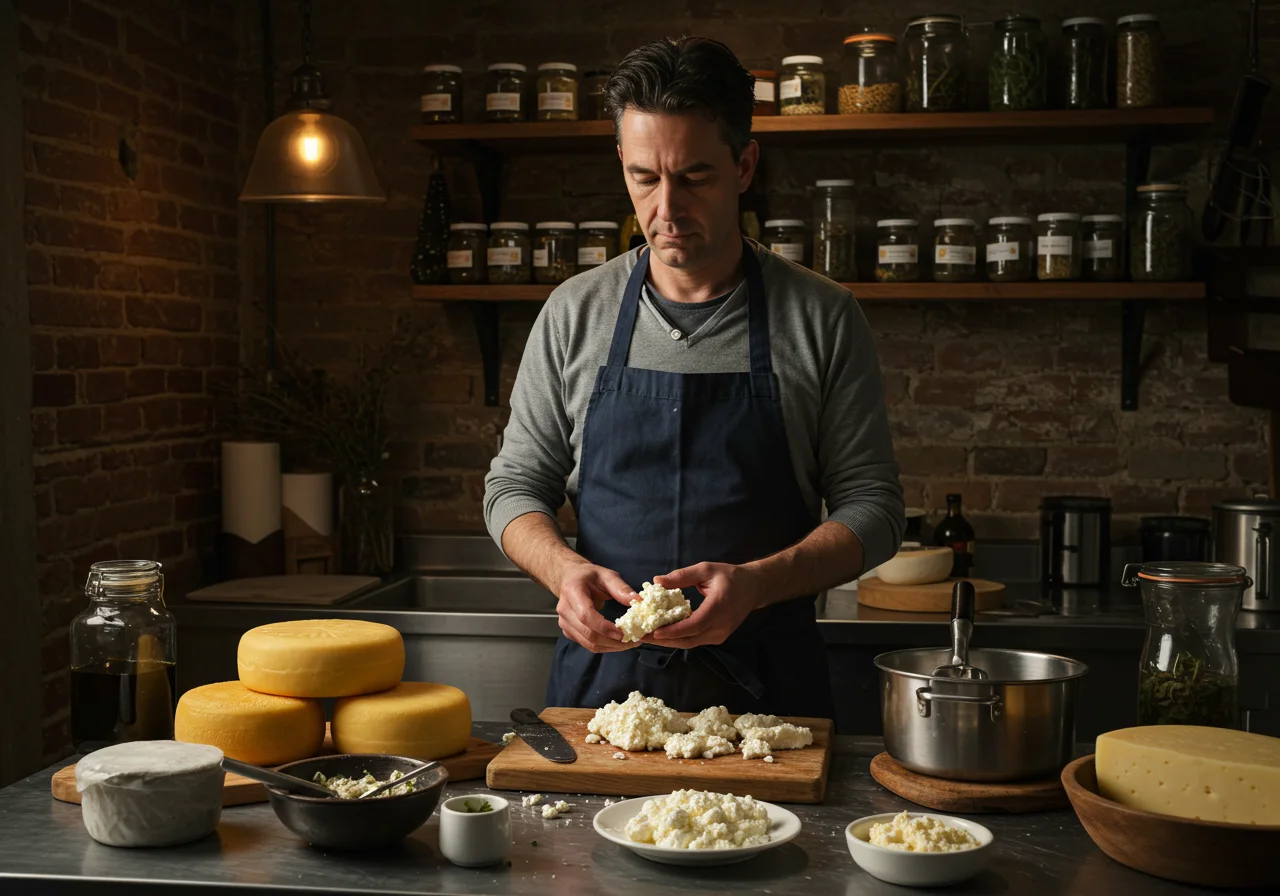 Fabrication de Fromage Vieux Lille avec des caillés frais dans une cuisine rustique, utilisant des outils traditionnels de fromage.