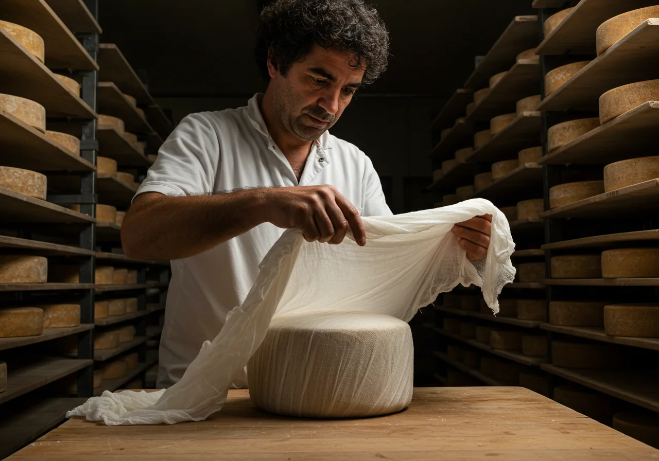 Emballage du Fromage Vieux Lille dans un linge à fromage pour le vieillissement, mettant en avant l'art de la fabrication du fromage.