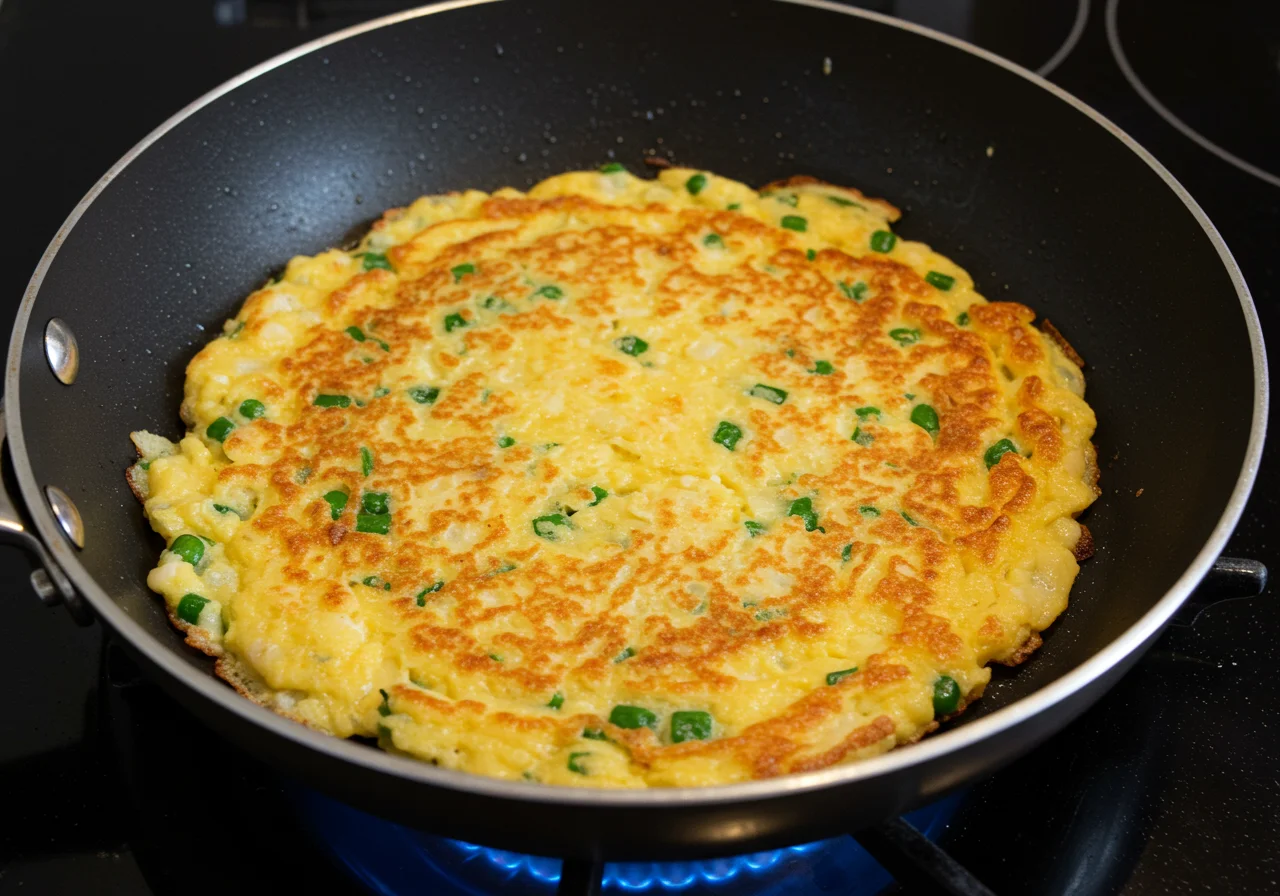 Transfert du mélange de galette dans une poêle pour faire cuire la galette au brocoli et fromage.