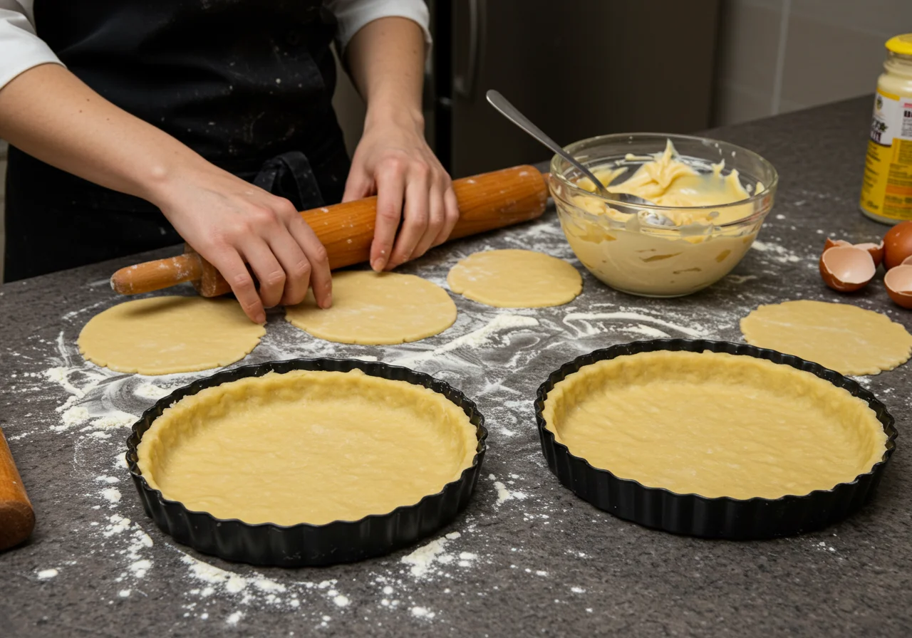 Élaboration de la galette des rois aux pommes avec de la pâte feuilletée étalée sur le plan de travail.