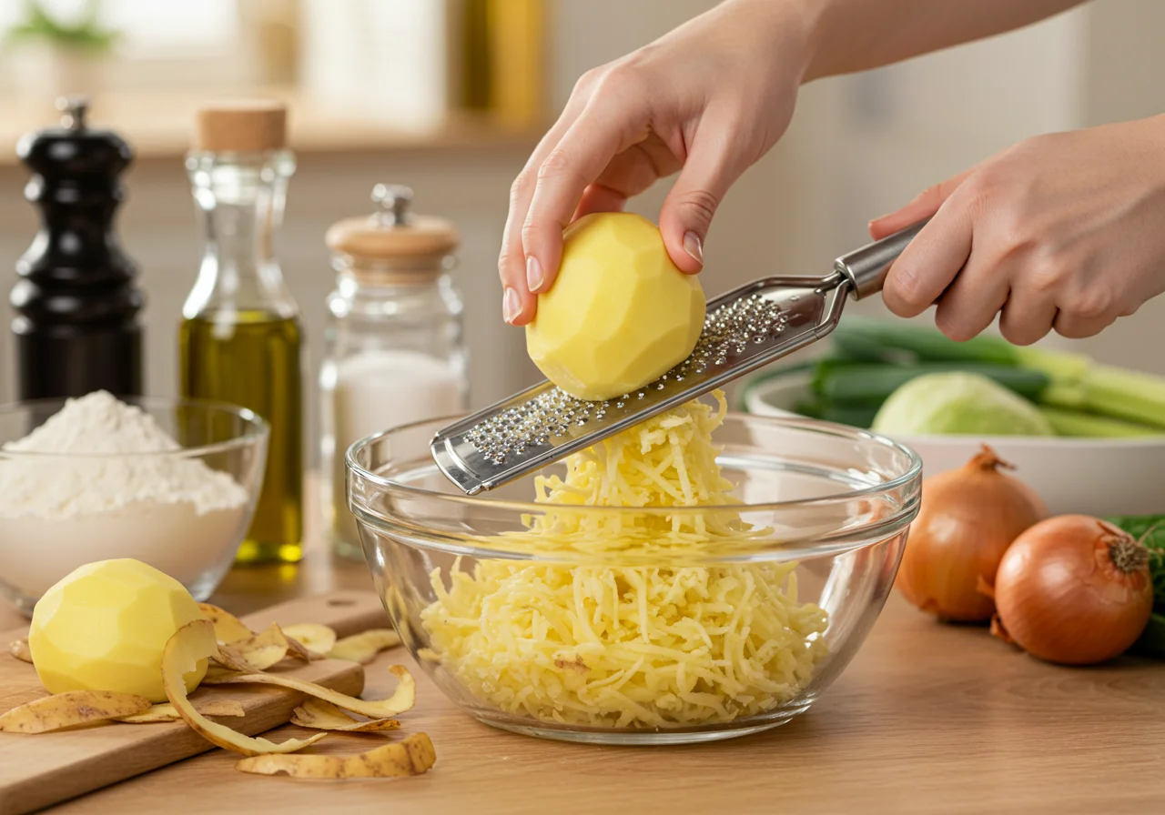 Un cuisinier râpant des pommes de terre fraîches pour préparer des galettes de pommes de terre traditionnelles.