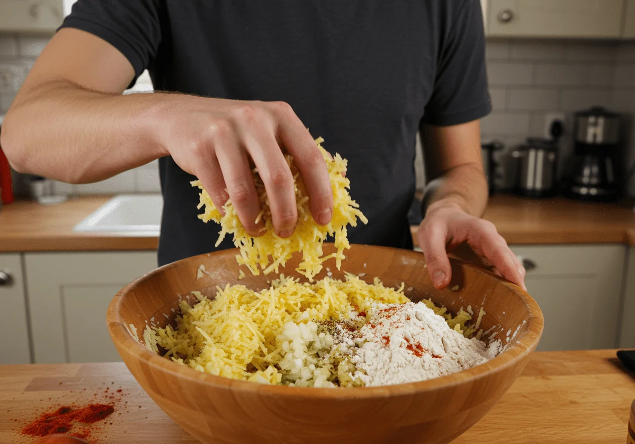Le cuisinier mélangeant des pommes de terre râpées avec des oignons hachés, de la farine et des épices pour des galettes de pommes de terre.