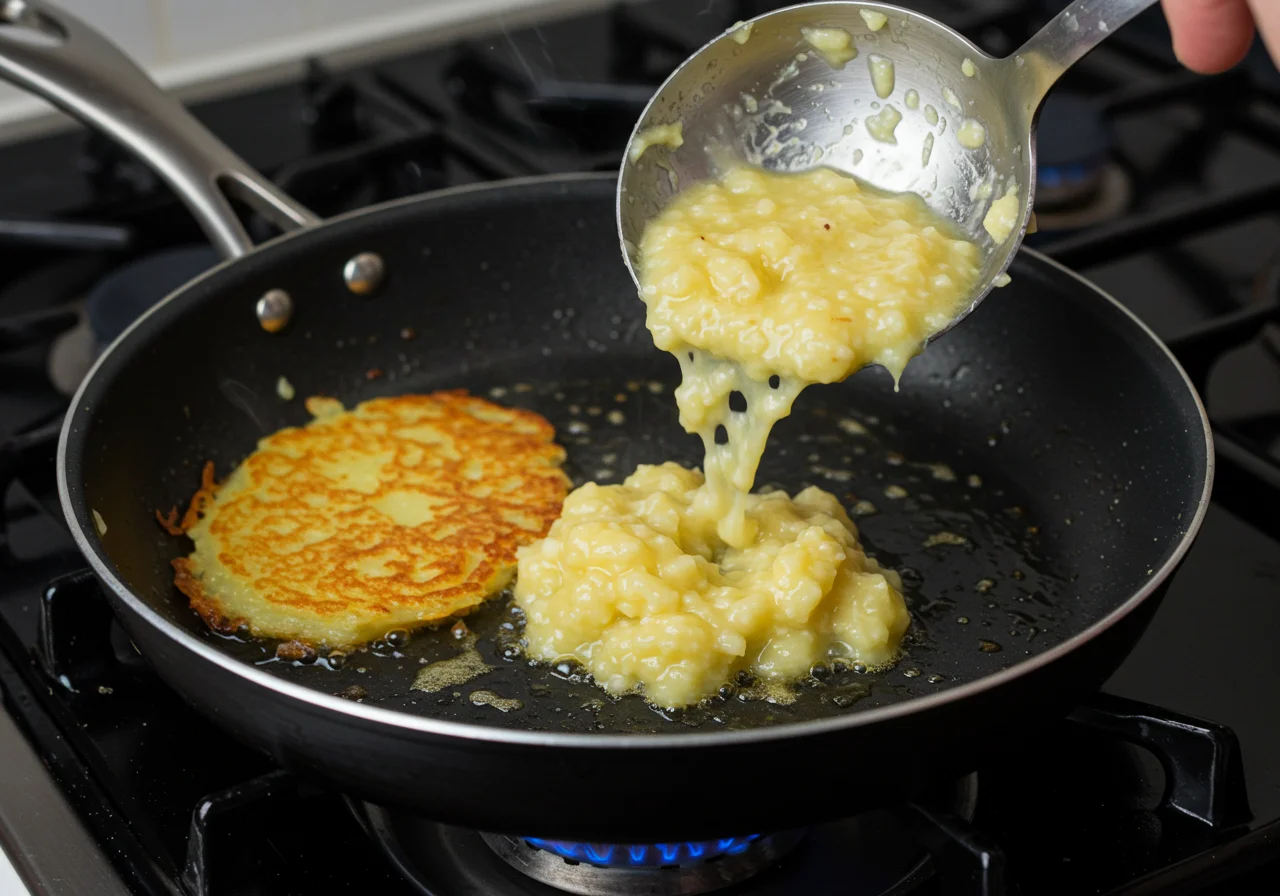 Une poêle sur le feu avec un mélange de pommes de terre versé, pour faire frémir des galettes de pommes de terre traditionnelles.