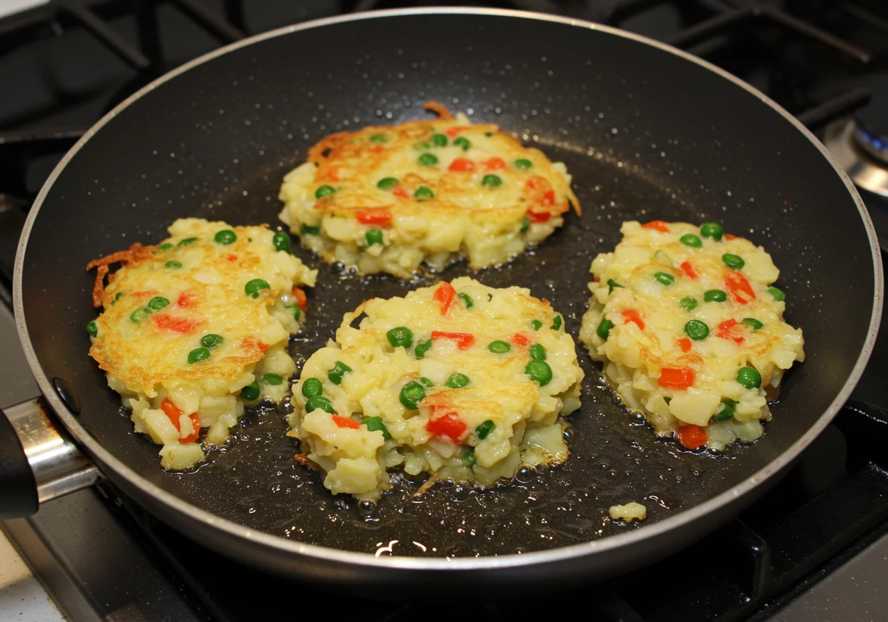 Cuisson des galettes dans une poêle avec un mélange de pommes de terre et courgettes, huile scintillante, moment de cuisson.