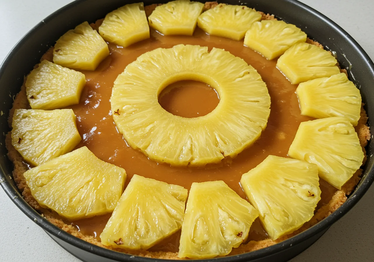 Disposition des rondelles d'ananas frais dans le caramel pour le Gâteau à l'Ananas Caramélisé et Moelleux.
