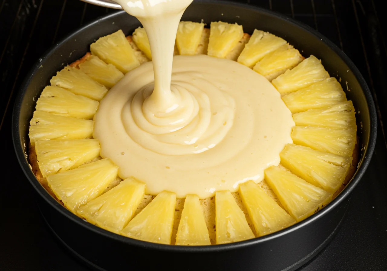 Cuisson du Gâteau à l'Ananas Caramélisé et Moelleux dans un four, avec la pâte versée sur les rondelles d'ananas.