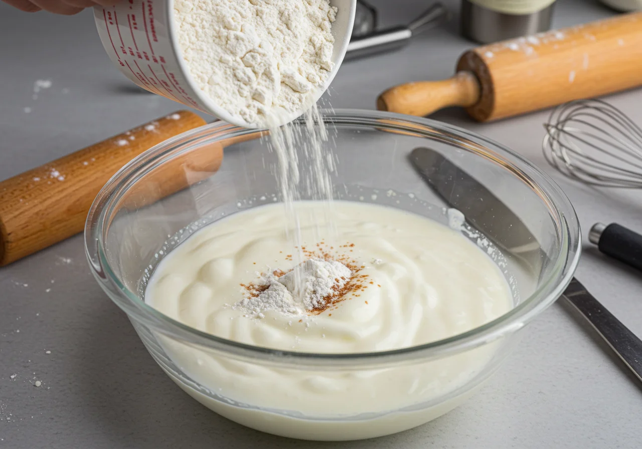 Ajoutez de la farine et de la levure chimique au mélange de yaourt pour réaliser un gâteau au yaourt au micro-ondes.