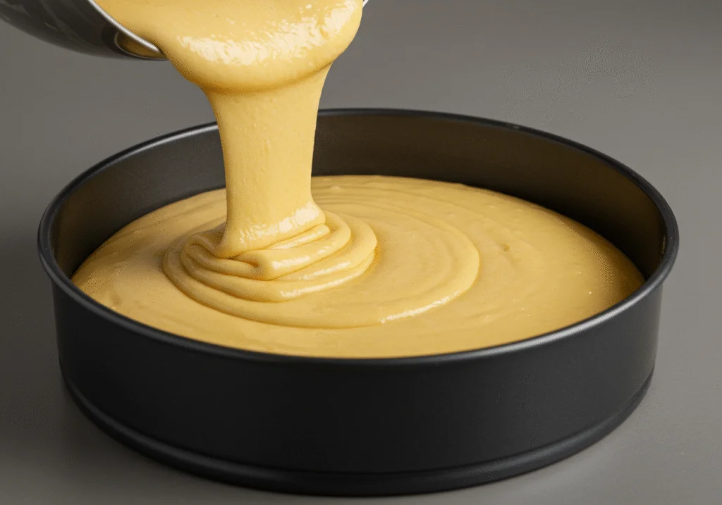 Moule à gateau rempli de pâte pour un gateau moelleux à la vanille, prêt à cuire au four.