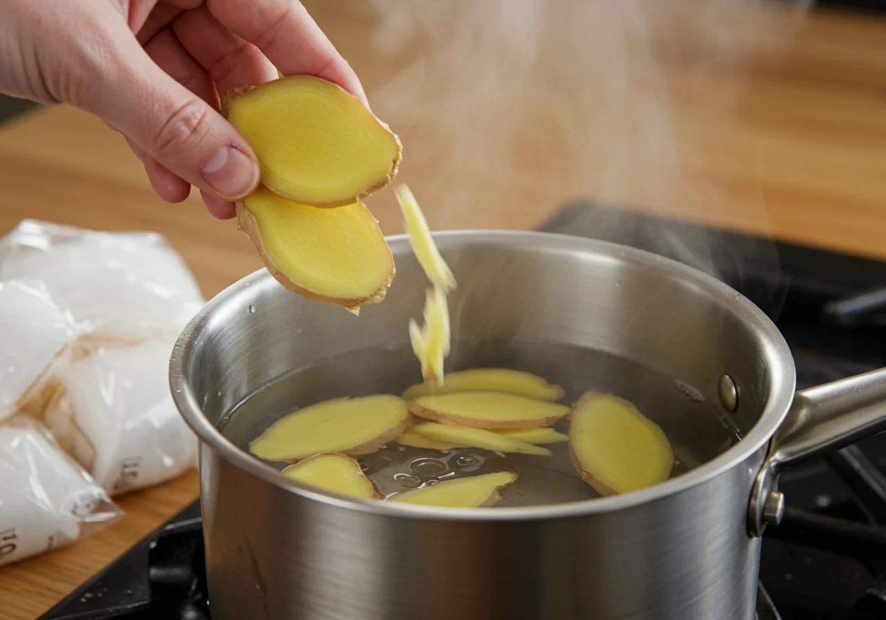 Tranches de gingembre ajoutées à la casserole, illustrant les étapes pour atteindre les bienfaits du gingembre confit.