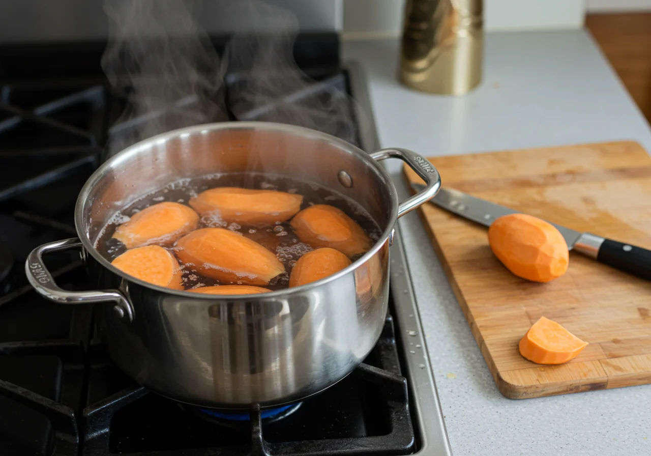 Faire bouillir des patates douces dans une casserole pour la recette des gnocchis de patate douce.