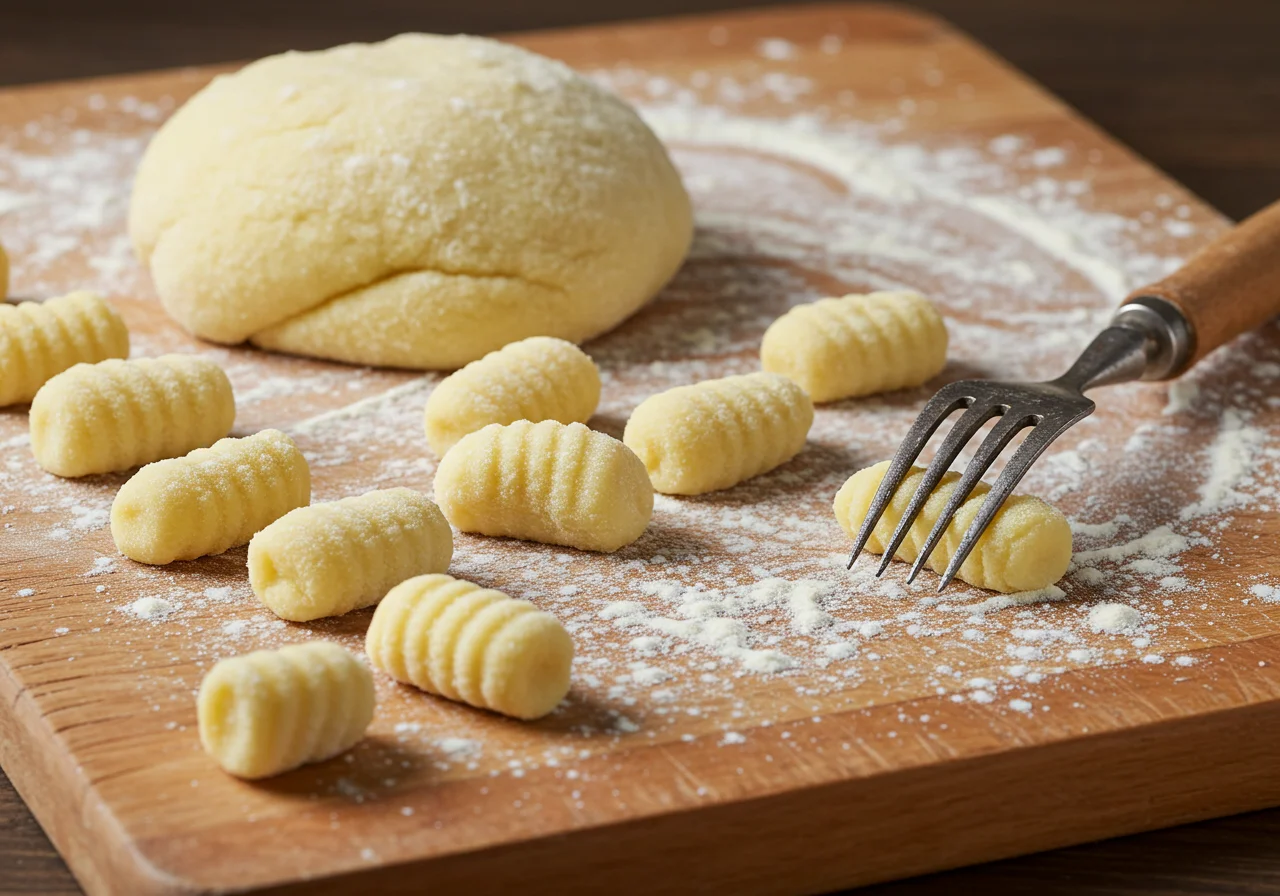 Freshly made potato gnocchi dough being shaped on a wooden board for Gnocchis Maison.