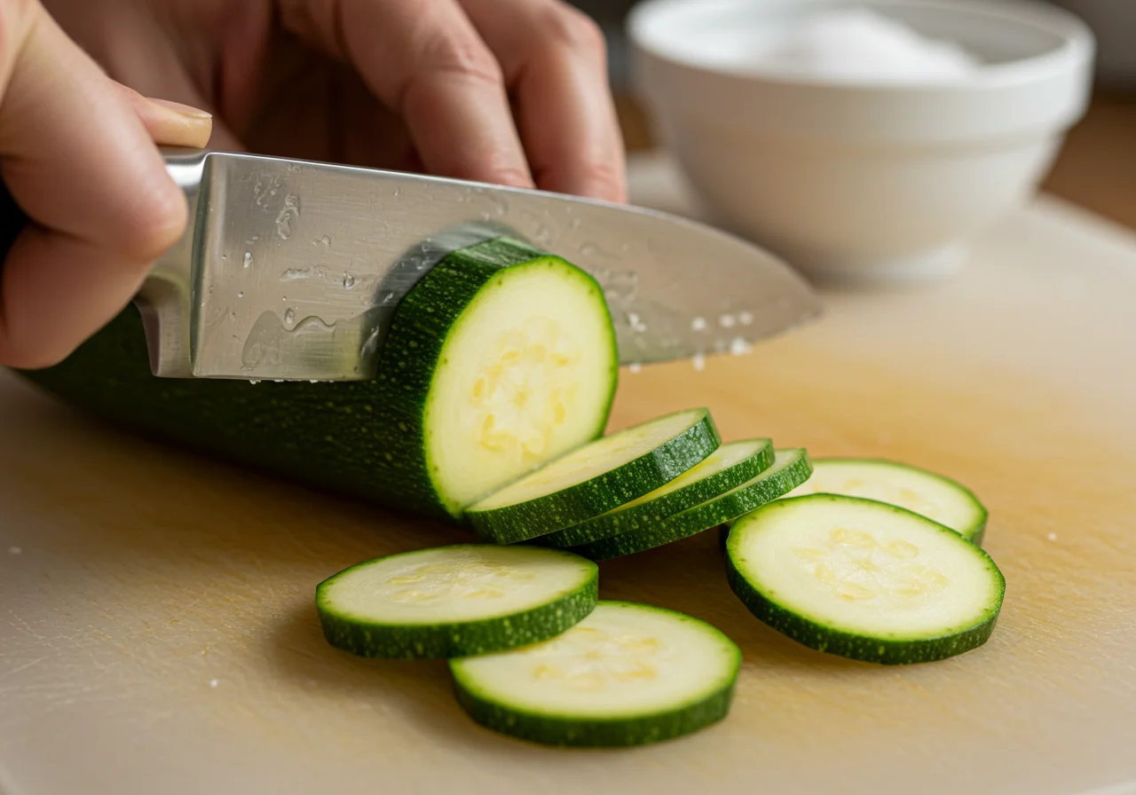 Thinly sliced zucchini on a cutting board for Gratin de Courgettes Léger preparation.
