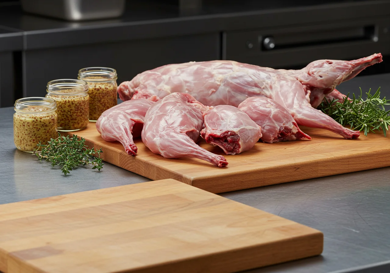 Ingrédients pour le Lapin à la Moutarde, incluant morceaux de lapin et moutarde.