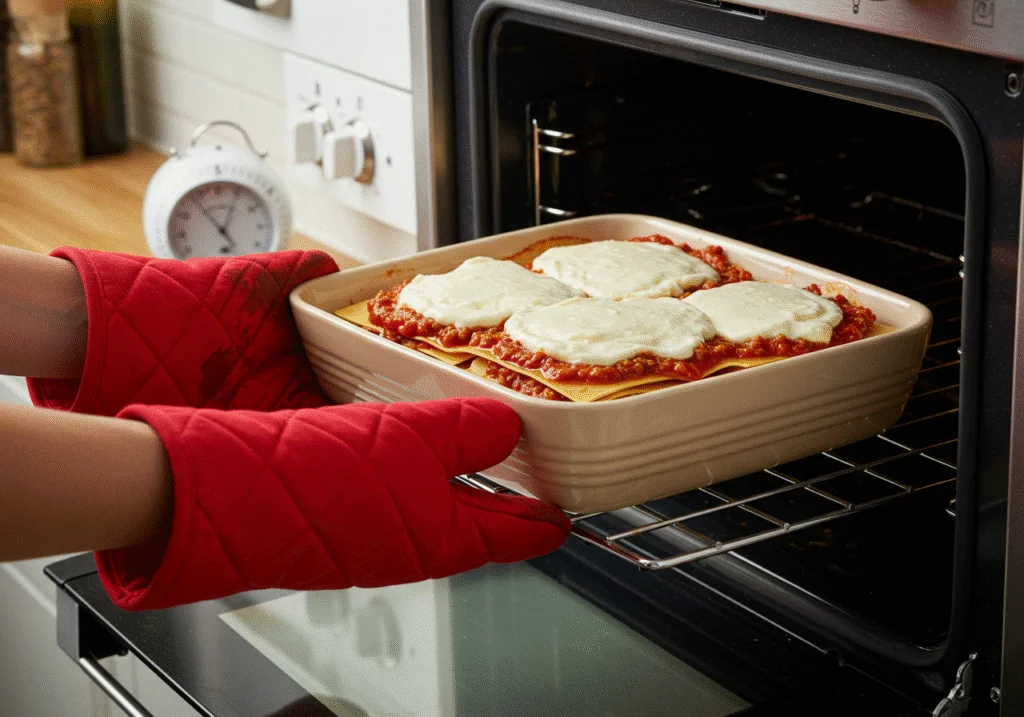 Placing a layered lasagna into the oven to bake for Lasagnes à la Bolognese.