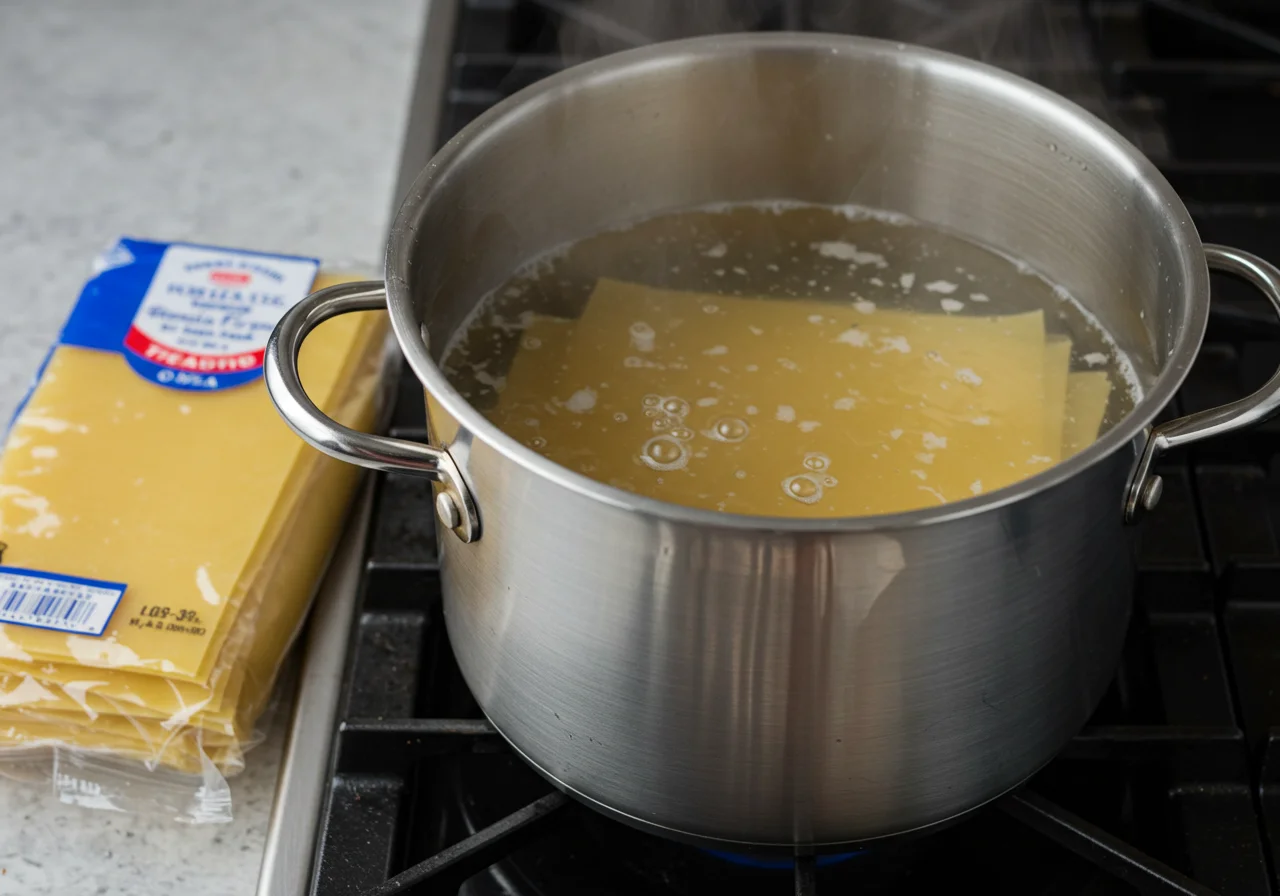 Préparation des lasagnes aux poisson avec des nouilles de lasagne dans une grande casserole d'eau bouillante.