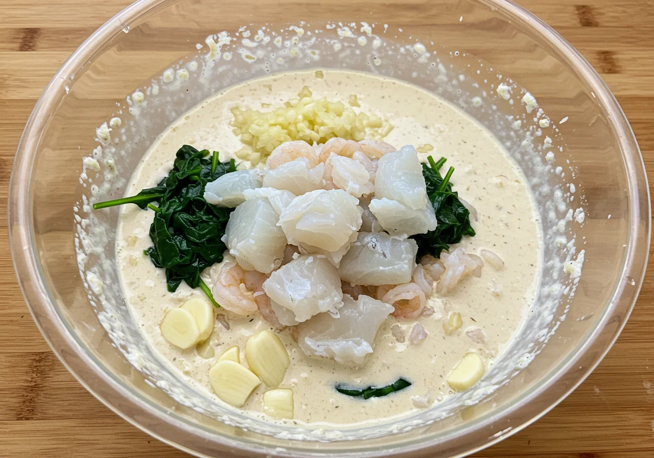 Mélange de sauce crémeuse avec du poisson blanc et des fruits de mer, essentiel pour la préparation des lasagnes aux poisson.