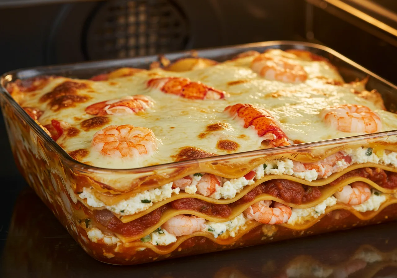 Assemblage de lasagnes au poisson avec des couches de pâtes, de sauce et de fruits de mer, juste avant la cuisson.