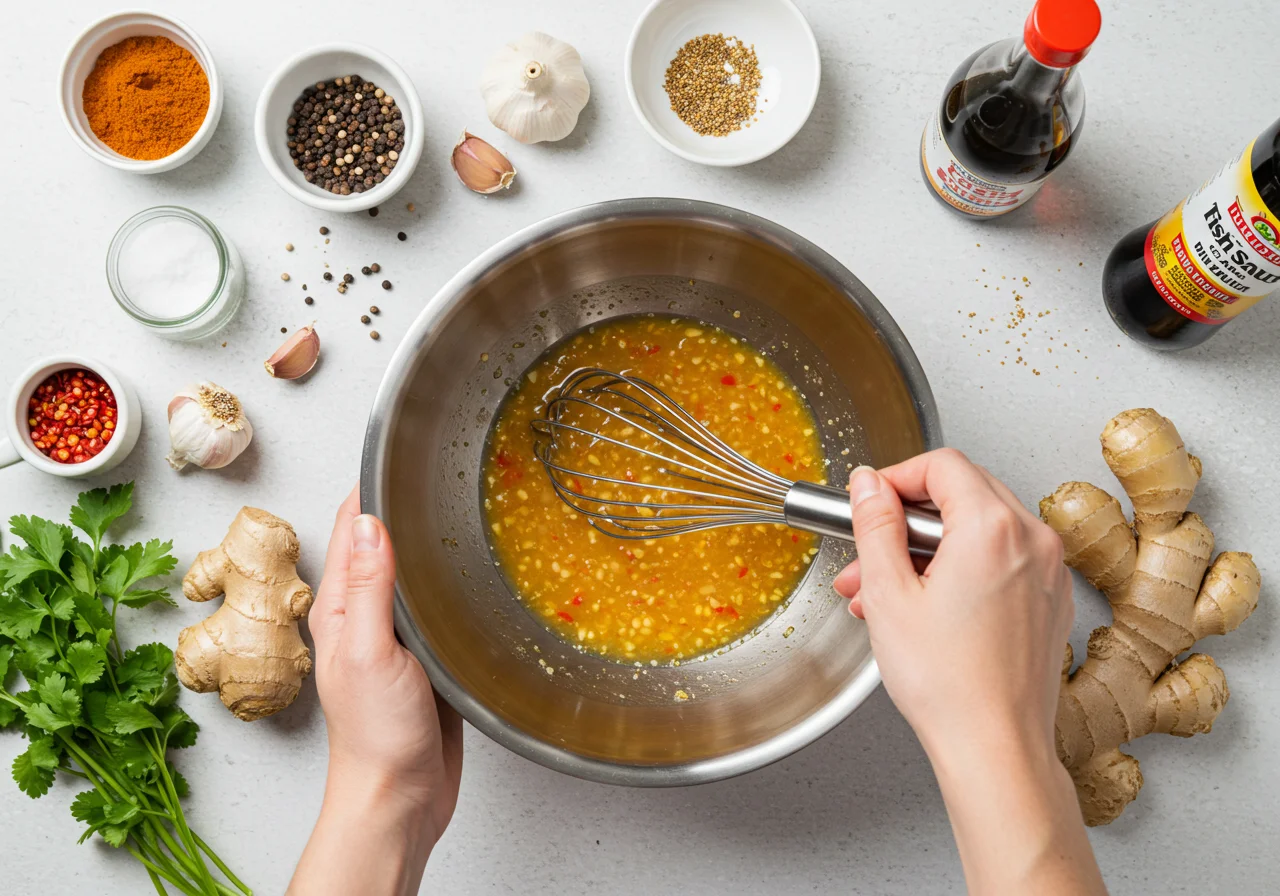 Mélanger marinades de pilon de poulet avec des épices et des condiments dans un bol.