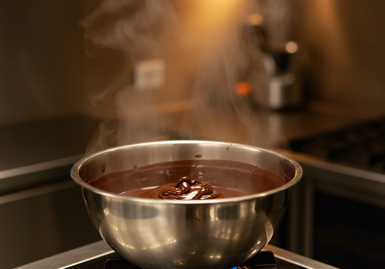 Bol de chocolat noir fondant pour réaliser une mousse au chocolat légère, préparée avec soin dans une cuisine moderne.