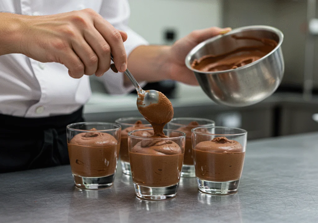 Mousse au chocolat vegan servie dans des coupes, prête à être dégustée.