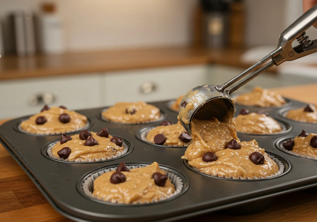 Moule à muffins rempli de pâte moelleuse aux pépites de chocolat, pâtisserie française en préparation.