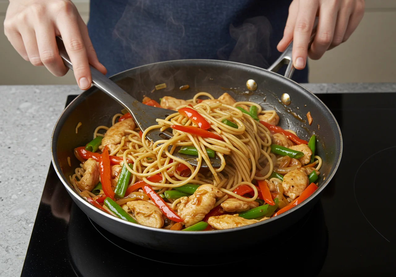 Un chef mélange des nouilles cuites avec du poulet sauté et des légumes dans une poêle, préparant des nouilles sautées au poulet délicieuses.