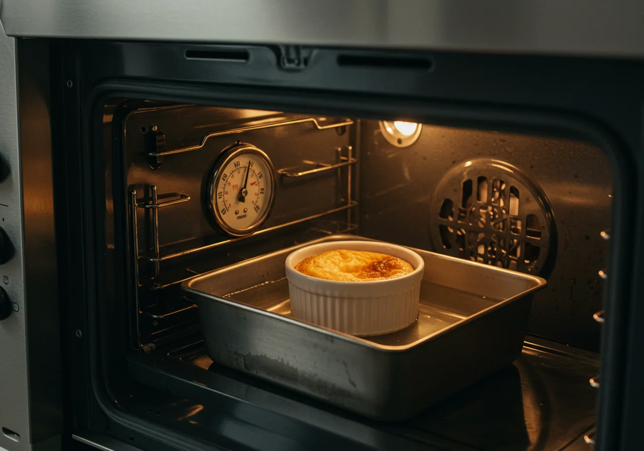 Ramekin in a water bath in the oven for cooking Œufs Cocotte Crémeux.