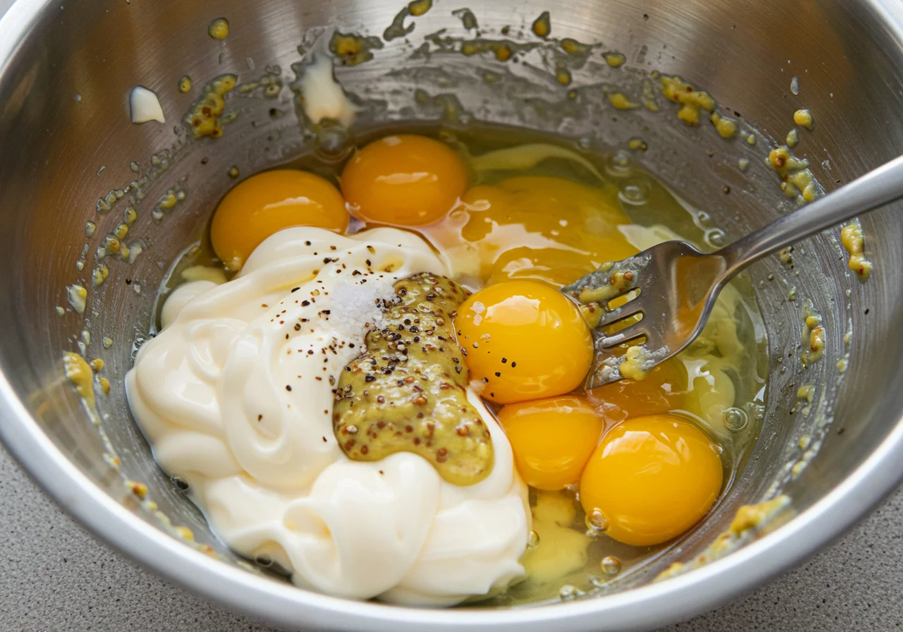 Mélange de jaunes d'œufs, mayonnaise et moutarde pour les Œufs Mimosa Classiques.