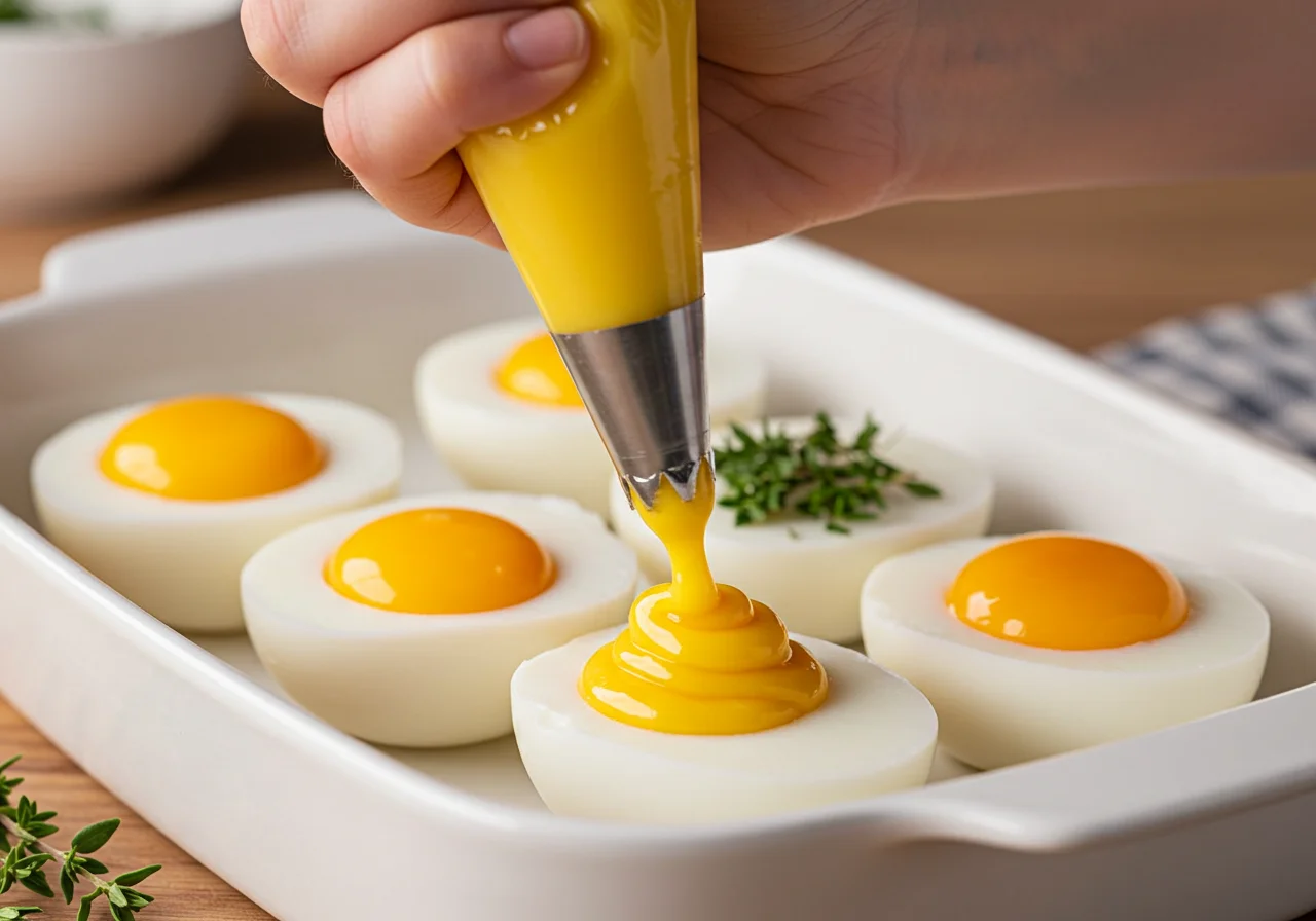 Remplissage des blancs d'œufs avec le mélange de jaunes pour Œufs Mimosa Classiques.
