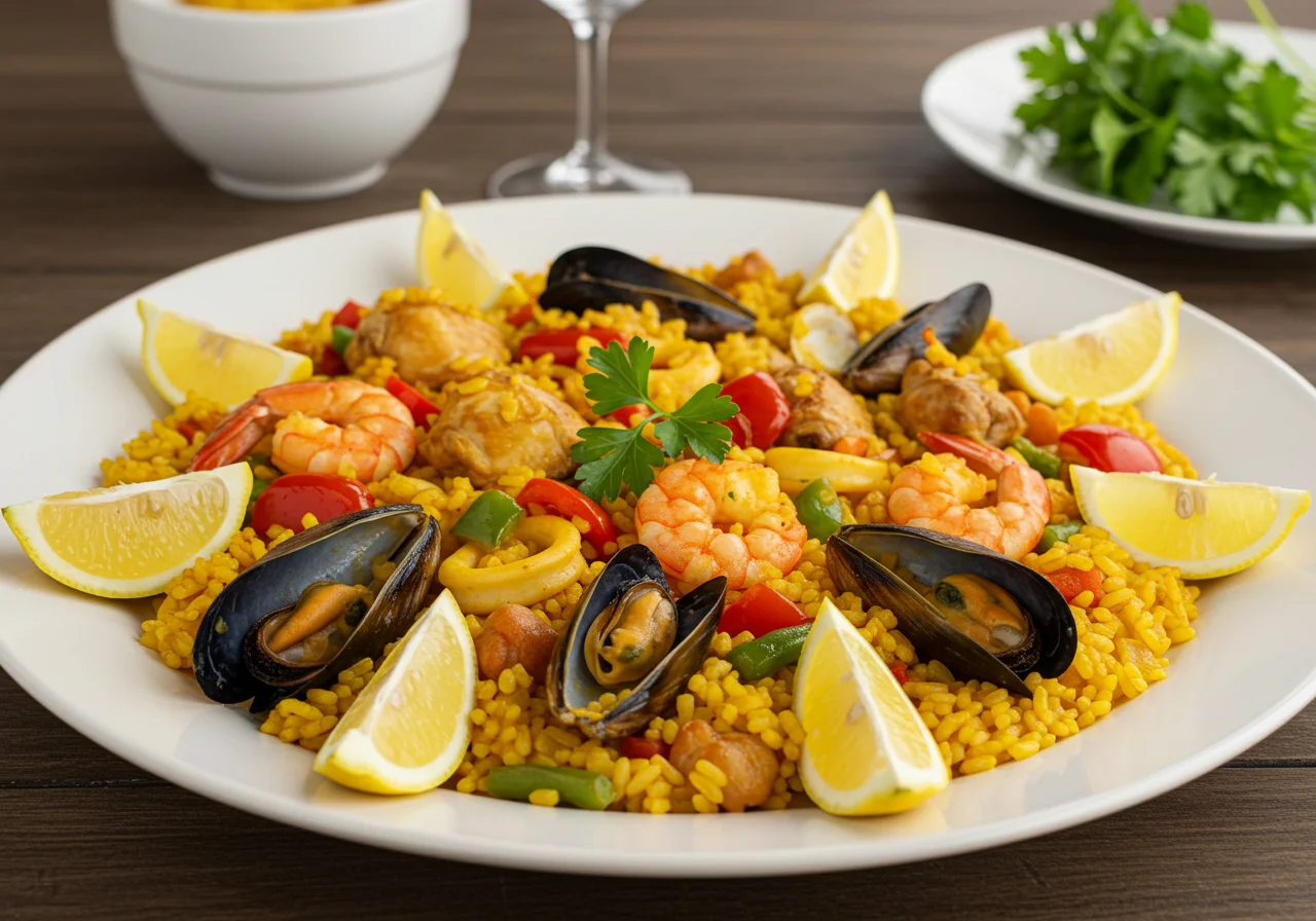 Finished Paella Française, colorful and garnished, ideal for a French culinary feast.