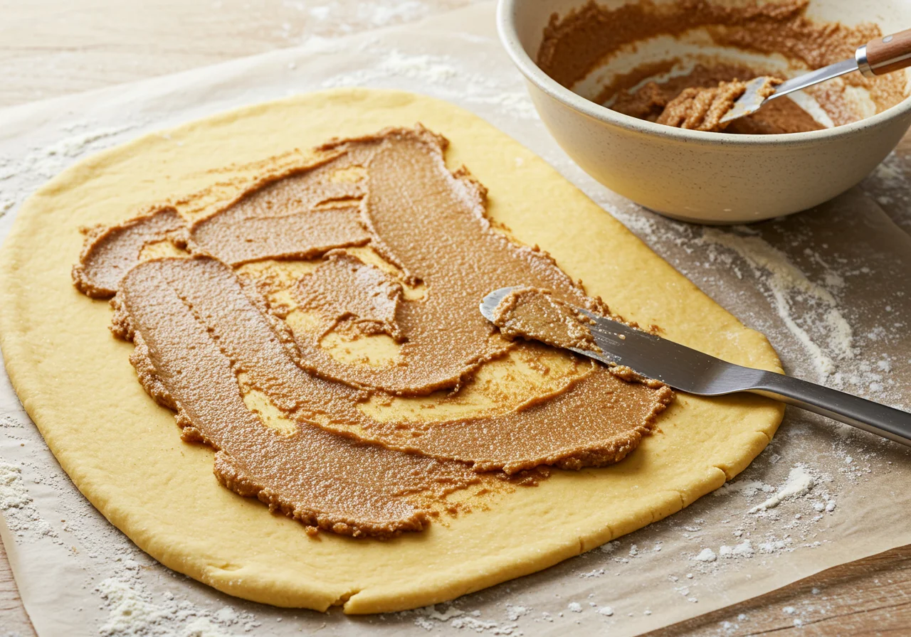 Étaler la pâte à Pain à la Cannelle avec un mélange de beurre, sucre brun et cannelle, préparations en cuisine.