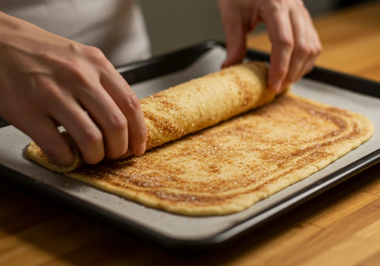 Formation des roulés de Pain à la Cannelle, pâtes enroulées à la cannelle prêtes à être mises au four.