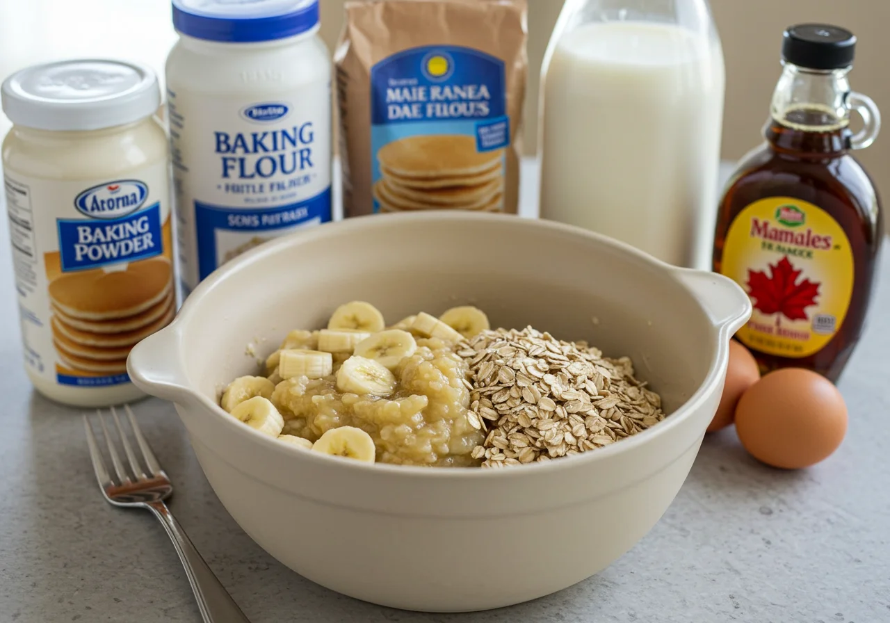 Recette pancake banane flocons d'avoine : mélange de bananes écrasées et flocons d'avoine dans un grand bol.