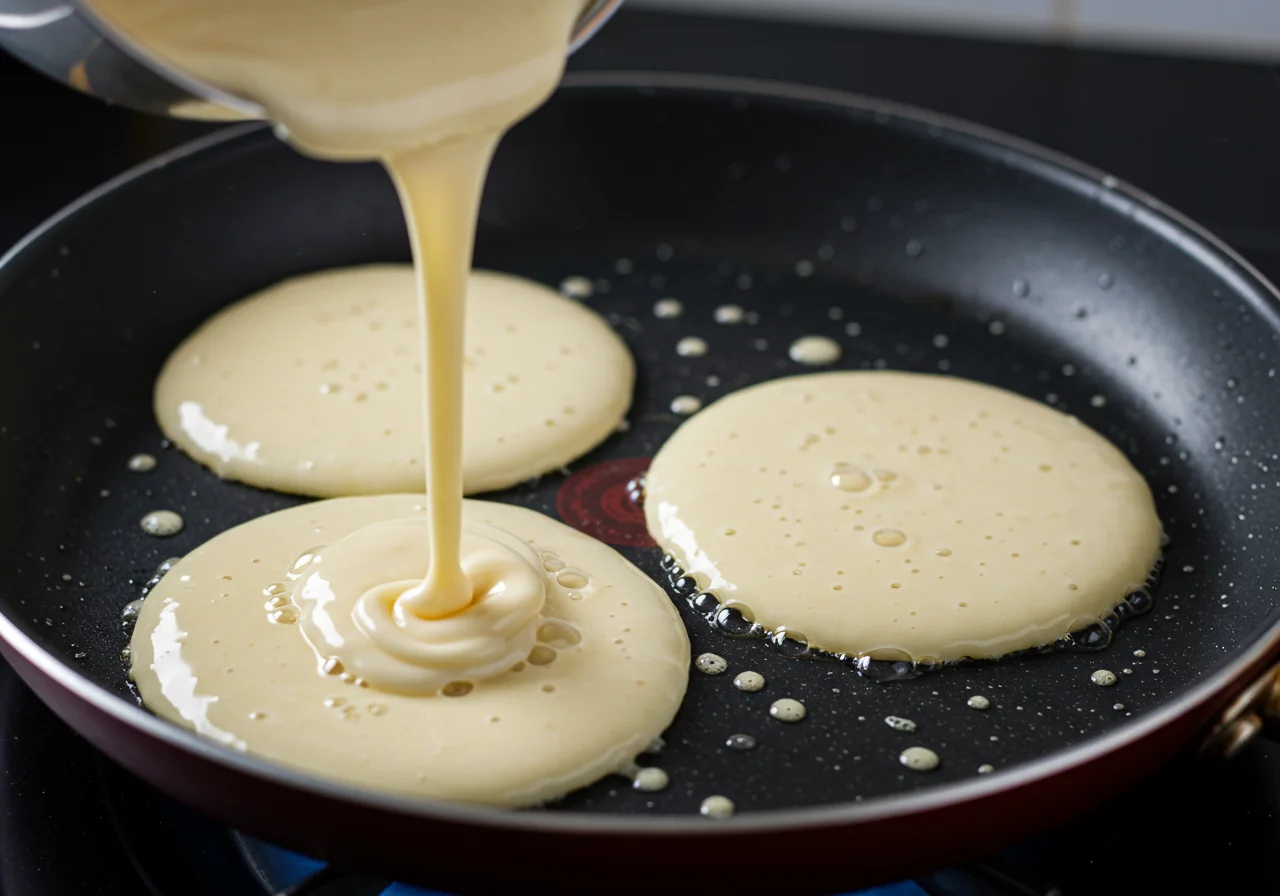 Recette pancake banane flocons d'avoine : cuisson de la pâte dans une poêle antiadhésive avec des bulles qui se forment.
