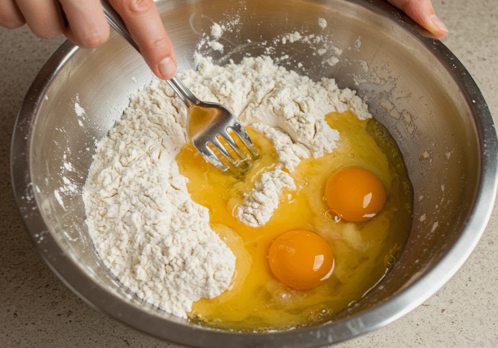Mélange des ingrédients pour la préparation de la pâte à lasagne, avec un bol et une fourchette.