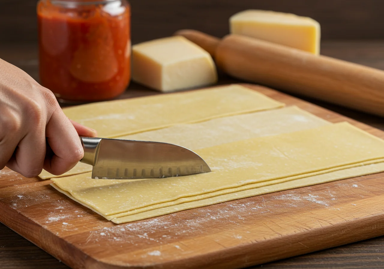 Découpage des feuilles de pâte à lasagne prêtes à être assemblées, avec une sauce marinara en arrière-plan.
