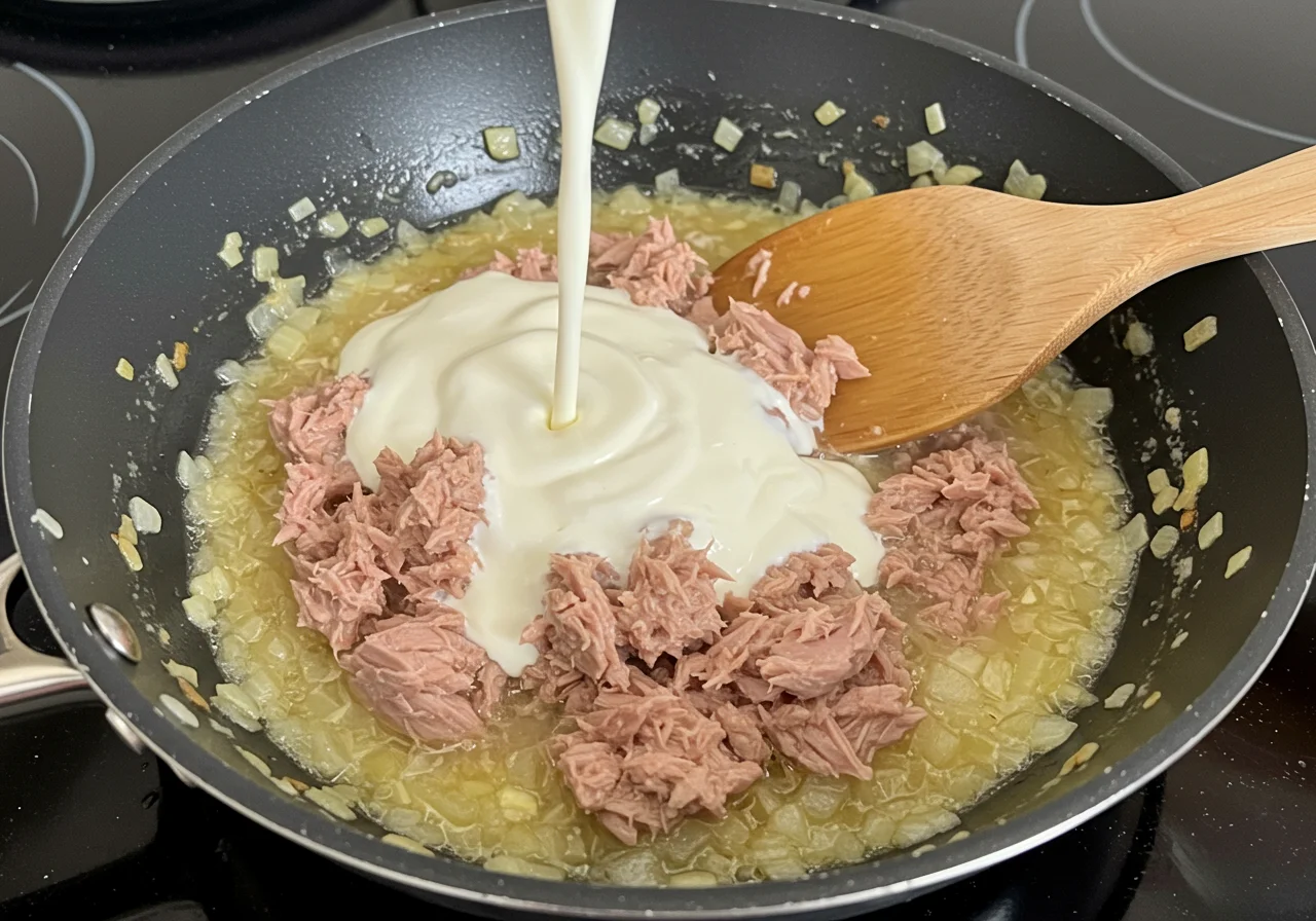 Ajout du thon et de la crème dans la préparation des pâtes au thon, créant une sauce riche et crémeuse.