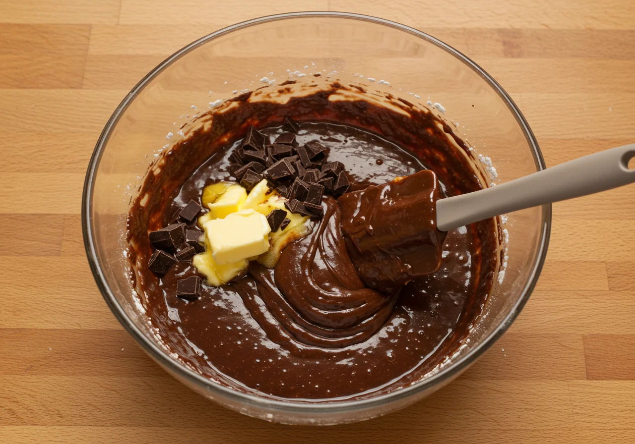 Faire fondre le chocolat noir et le beurre ensemble pour obtenir une texture lisse pour la recette de petits gĂąteaux au chocolat.