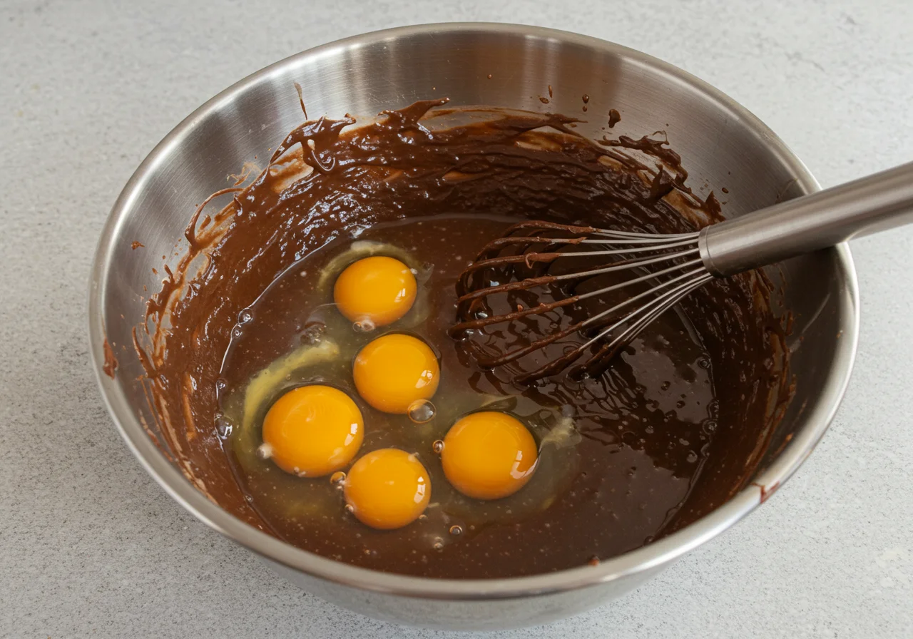 Incorporer les Ćufs dans la pĂąte Ă chocolat et verser le mĂ©lange dans des moules Ă gĂąteaux pour des petites douceurs chocolatĂ©es.