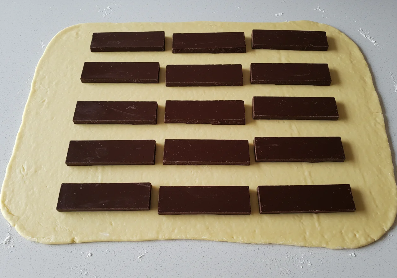 Pâte feuilletée étalée avec des barres de chocolat pour réaliser des petits pains au chocolat, une étape délicieuse de la recette.