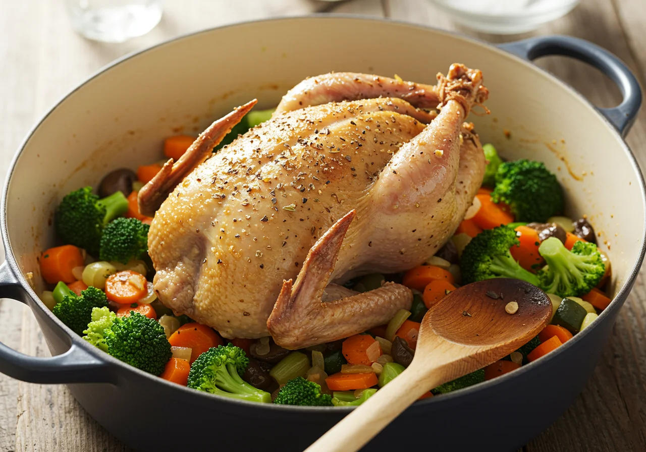 Pintade ajoutée sur les légumes mijotés pour la recette de Pintade aux Choux.