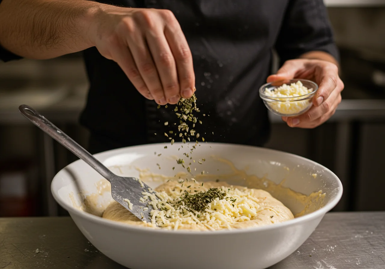 Cheese and seasoning being incorporated into the Pommes Dauphine Légères mixture.