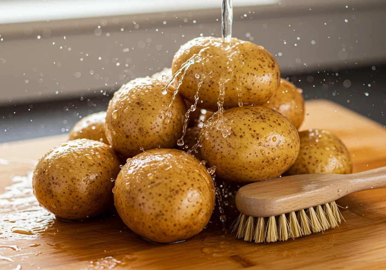 Pommes de terre fraiches lavées avant la cuisson, image réaliste d'une cuisine.