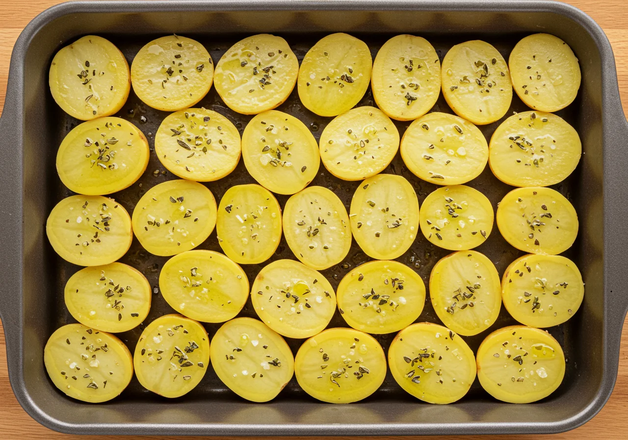Tranches de pommes de terre disposées dans un plat, image d'une préparation de pommes de terre au four.