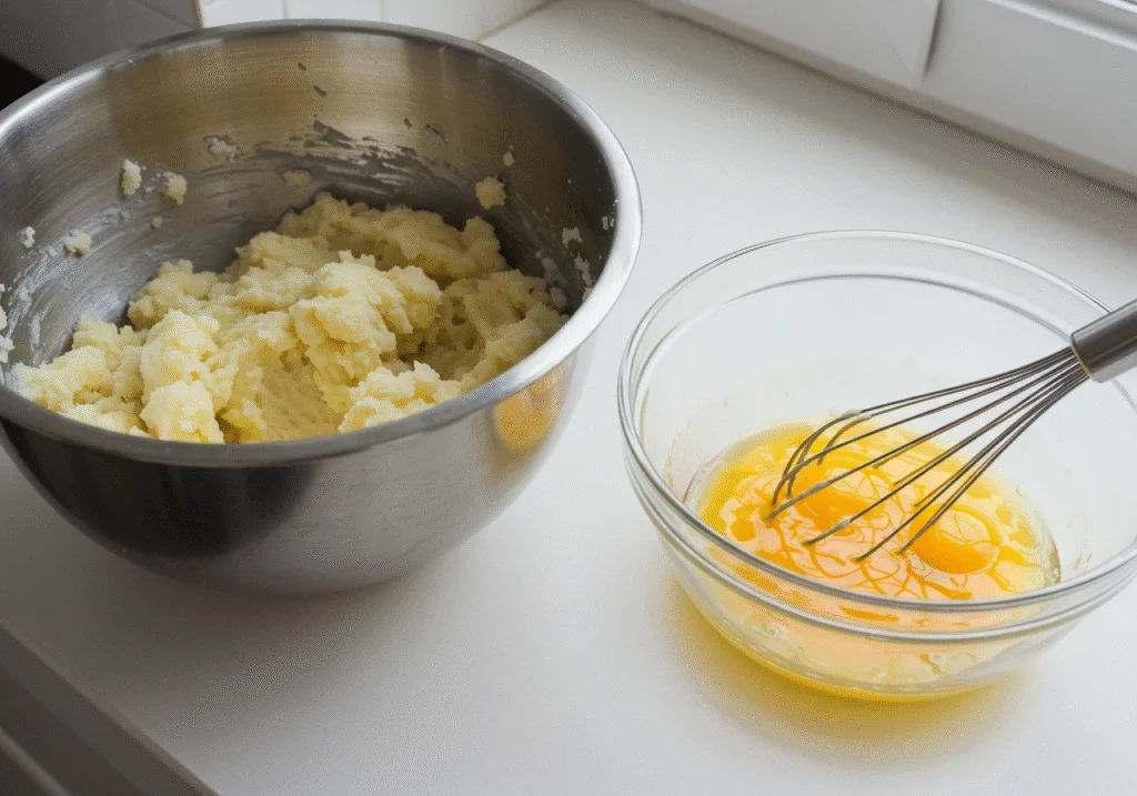 Egg yolks whisked for the Pommes Duchesse Dorées mixture with mashed potatoes.