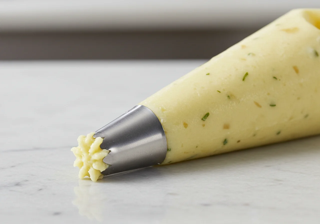 Filling a pastry bag with potato mixture for forming Pommes Duchesse Dorées.