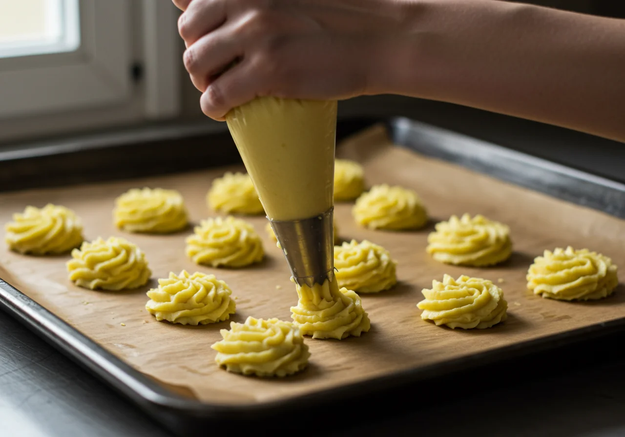 Piping swirls of potato mixture on a baking sheet for Pommes Duchesse Dorées.