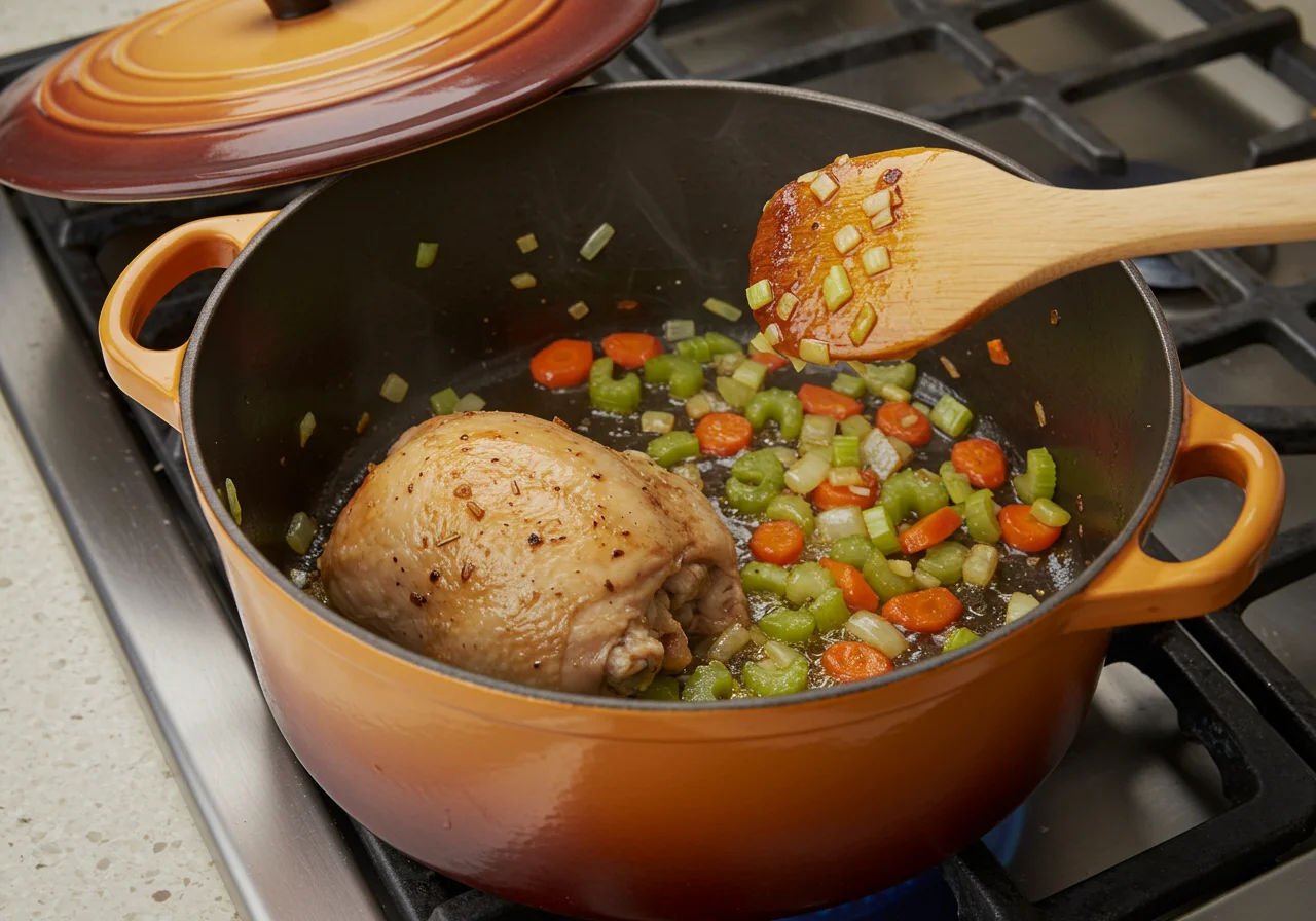 Légumes sautés dans une cocotte, créant une base savoureuse pour le poulet à la cocotte.